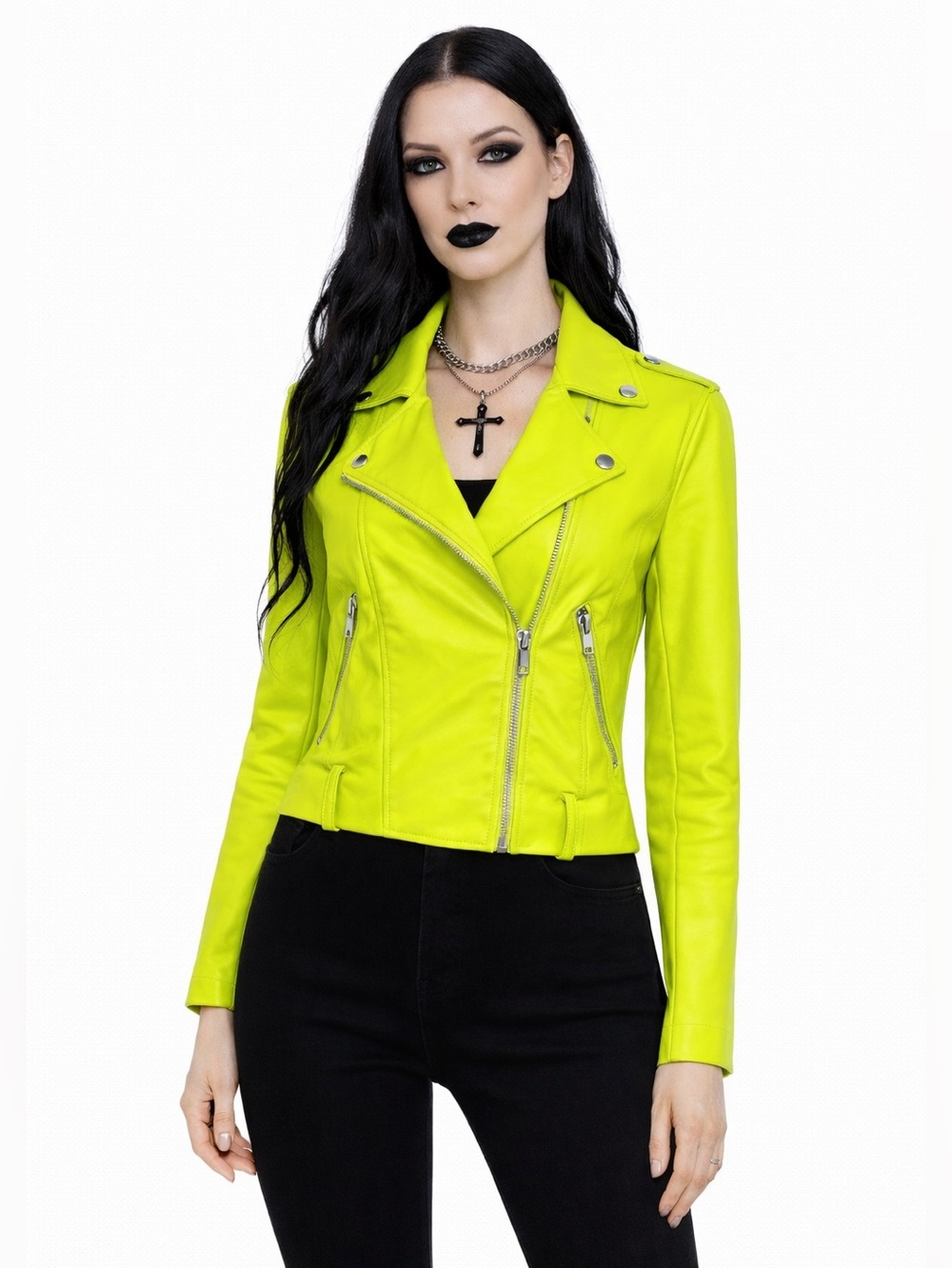 F21 Neon Green Glam Punk Faux Leather Motorcycle Biker Jacket